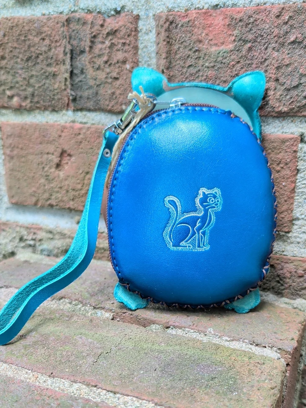 Handcrafted Genuine Leather Blue Cat Coin Purse Wallet with Wrist Strap - (854)